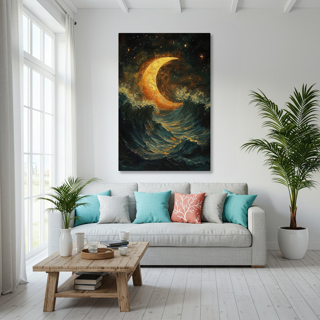 Framed Wall Art featuring a crescent moon over ocean waves, in a dark, moody color palette. Perfect for coastal decor.