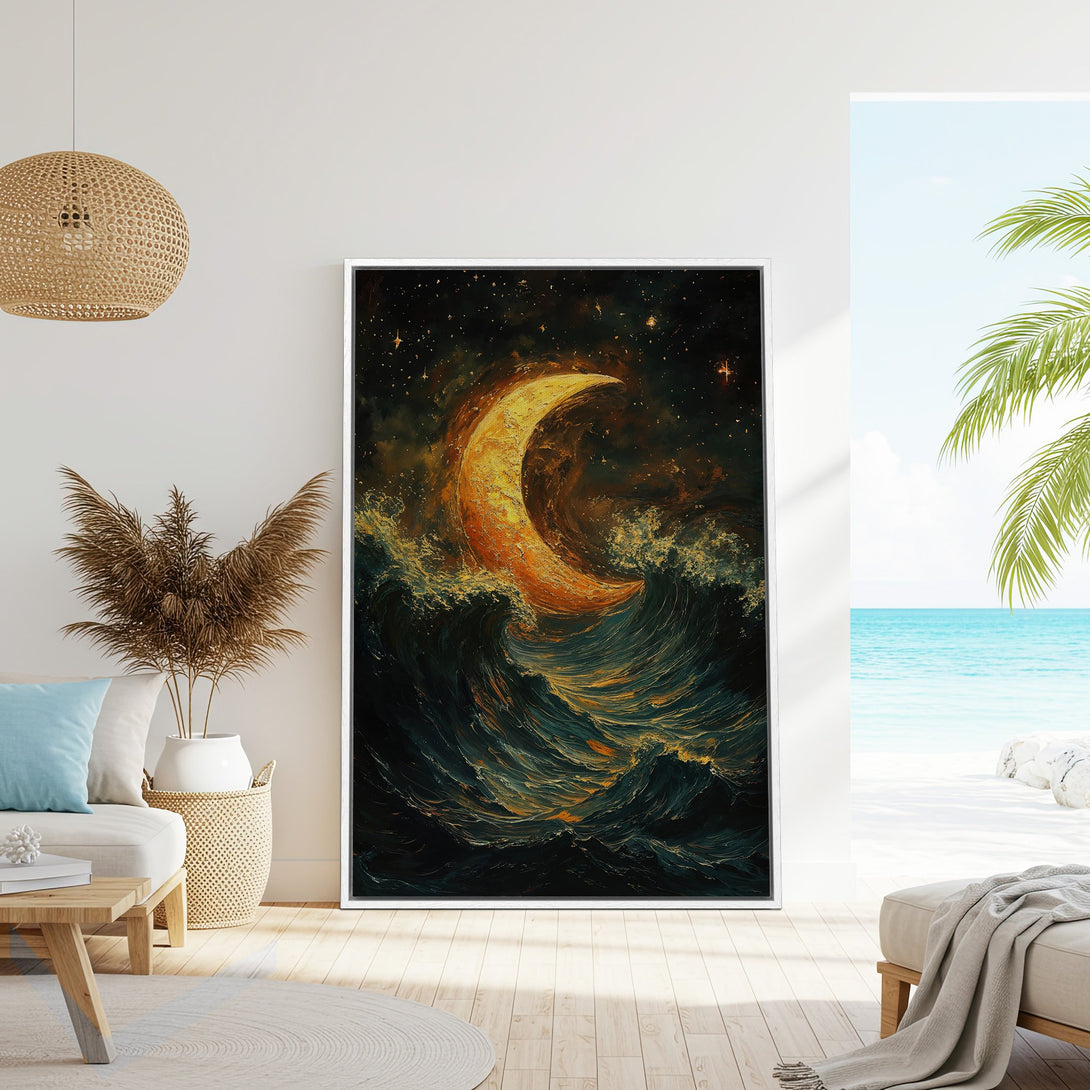 Framed Wall Art: Dramatic moon over ocean waves, warm gold and teal palette. Perfect coastal decor for a serene, stylish home.