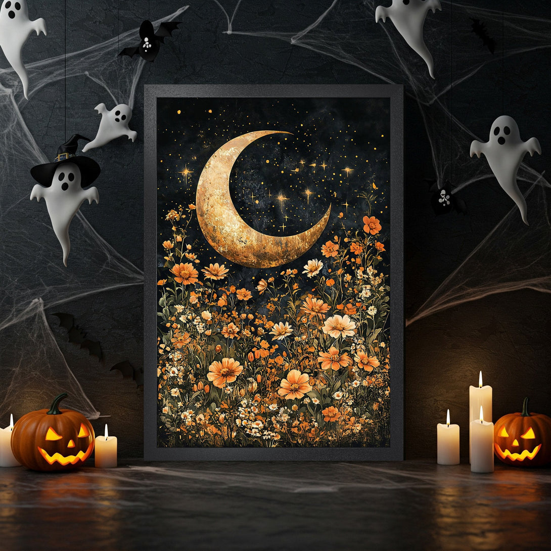Framed Poster of a moon and floral design in a dark, warm color palette. Perfect Halloween decor!