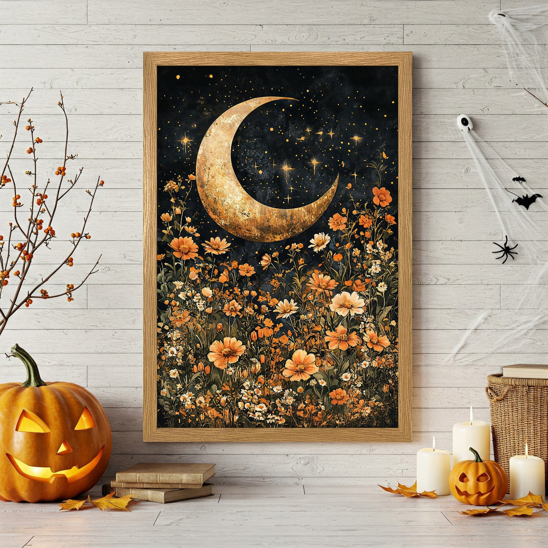 Framed Poster featuring a celestial moon and floral design in warm orange and black tones, perfect for Halloween decor.