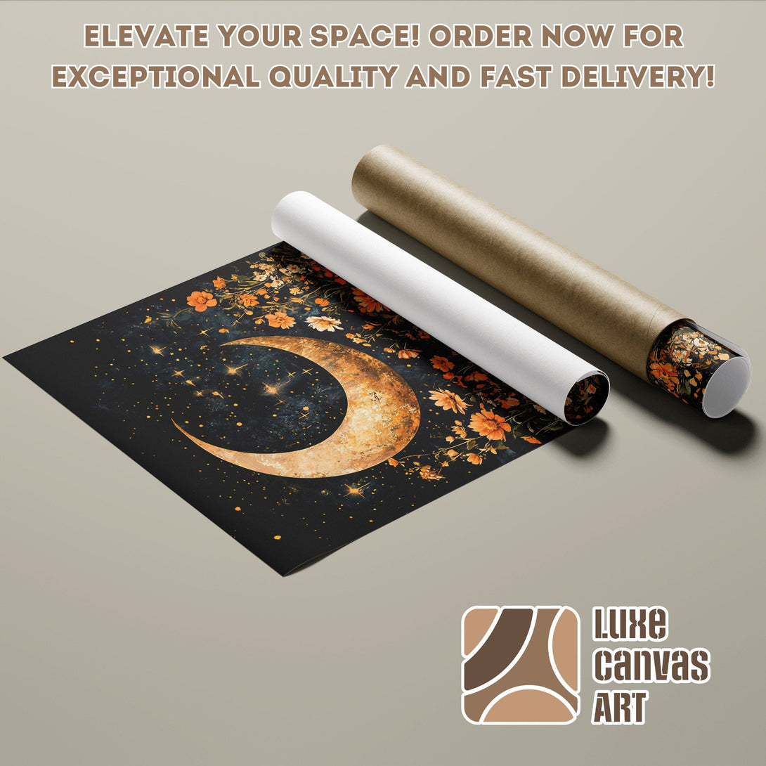 Poster Roll featuring a celestial design with a black background, gold moon, and orange flowers. Modern art style.