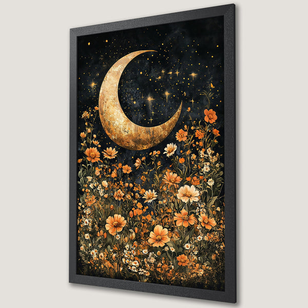Framed Poster featuring a celestial moon and floral design. Artistic style with a warm, earthy color palette of gold, orange, and black.