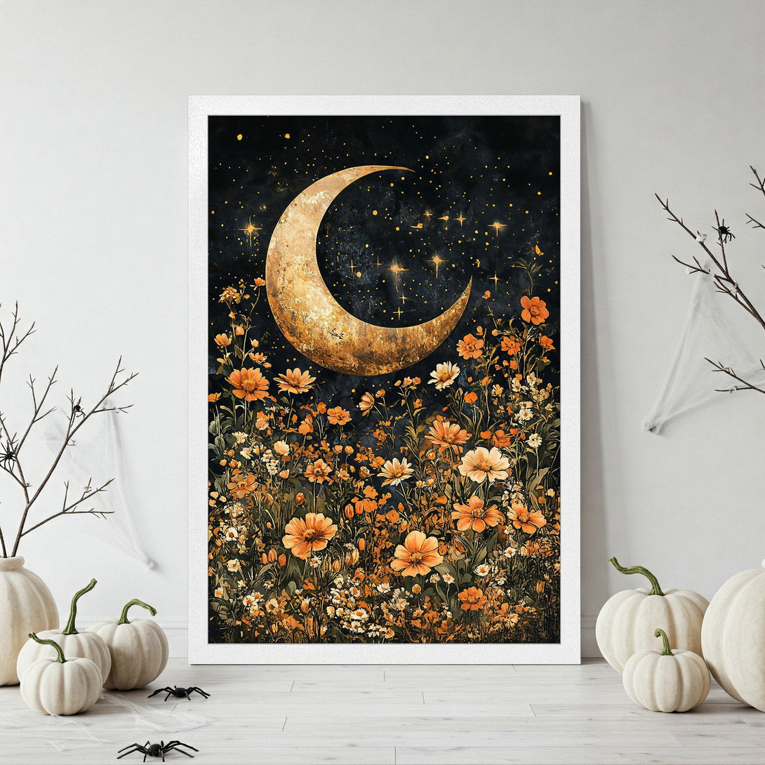 Framed Poster featuring a golden moon, floral art, and a dark, warm color palette. Perfect for Halloween decor.