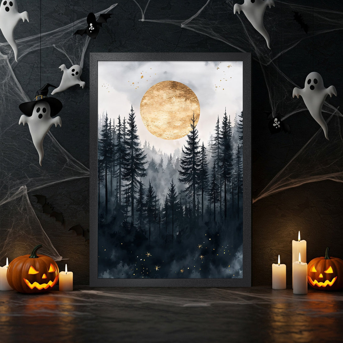 Framed Poster featuring a mystical forest scene with a gold moon. Dark, moody color palette perfect for Halloween decor.