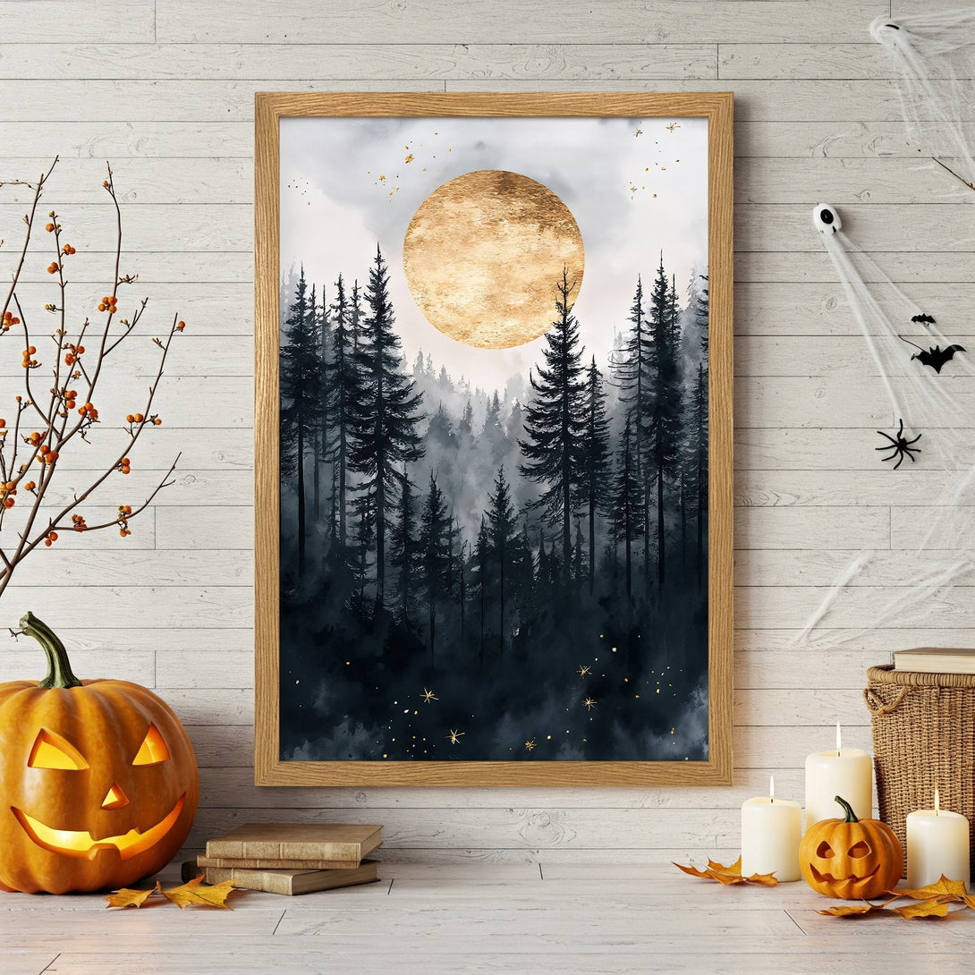 Framed Poster featuring a mystical forest scene with a golden moon. Watercolor style, dark blue and gold color palette, perfect for Halloween decor.