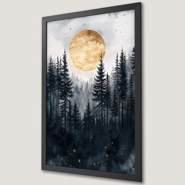 Framed Poster featuring a serene forest scene with a golden moon, in a watercolor style with a dark blue and gold color palette.