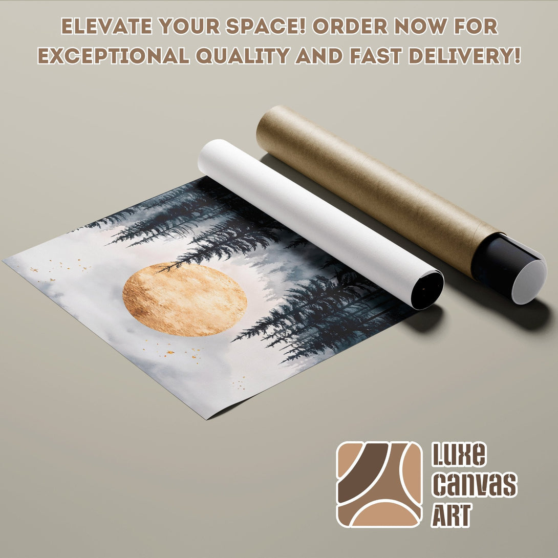 Poster Roll featuring a watercolor forest and moon scene in blue, gold, and gray tones. Elevate your space!