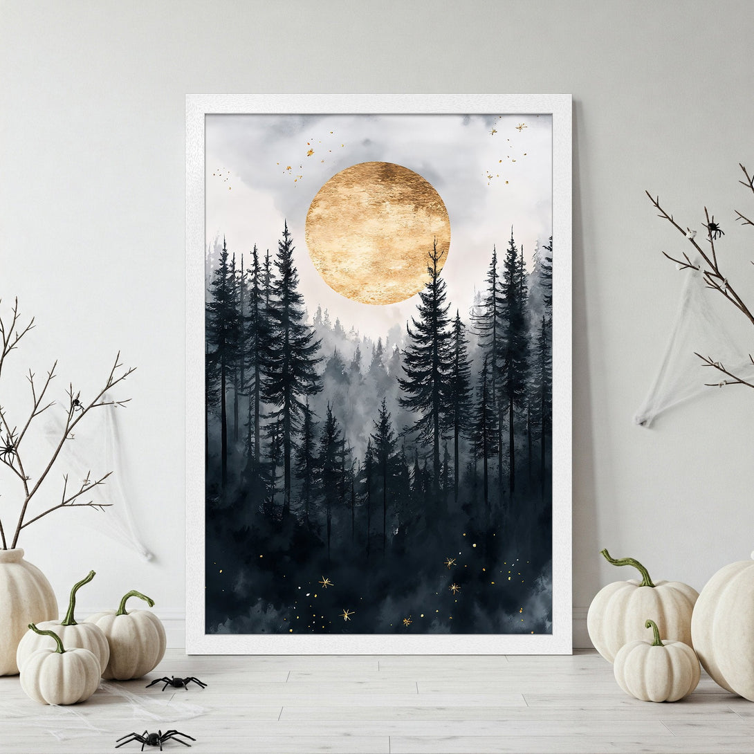 Framed Poster featuring a mystical forest scene with a golden moon, perfect for adding a touch of magic to your home. Dark blue and gold palette.