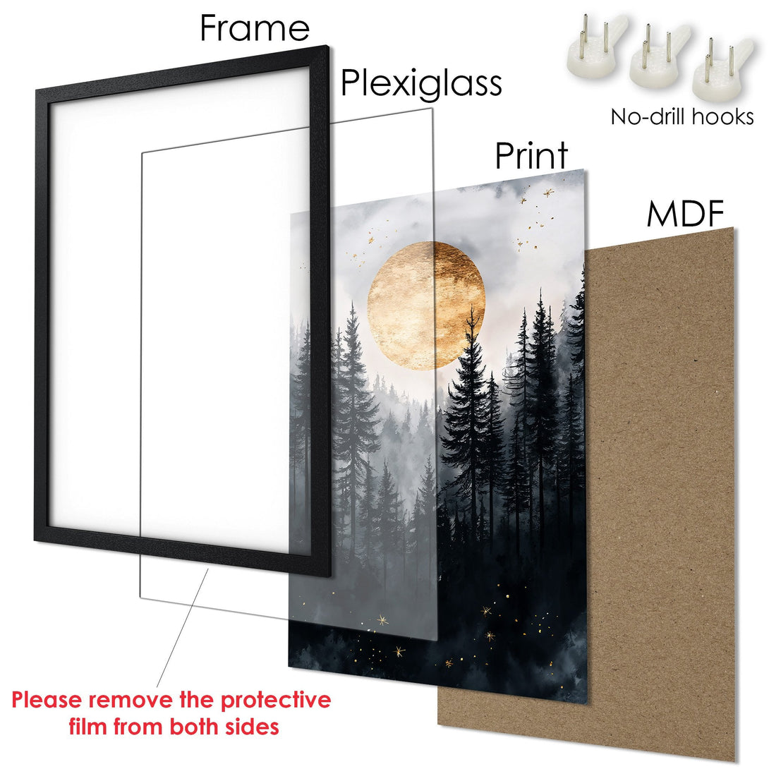 Framed Poster featuring a forest scene with a golden moon, in a moody, dark color palette. Perfect wall art for any room.