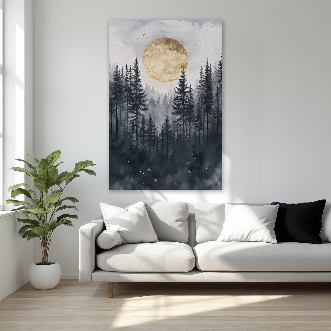 Framed Wall Art: Forest scene with gold moon, black trees, and grey sky. Modern canvas print with a touch of gold. Perfect for bedroom decor.
