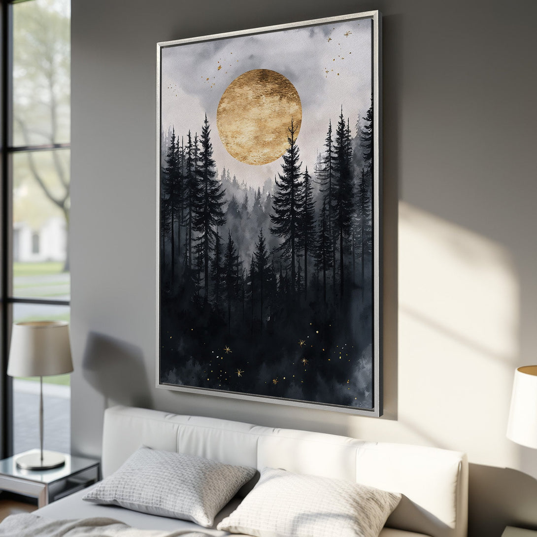 Framed Wall Art: Watercolor forest scene with a gold moon. Dark, moody color palette. Perfect for modern bedroom decor.