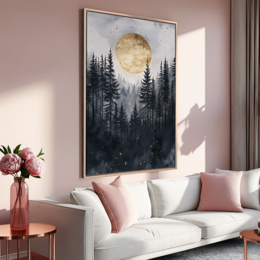 Framed Wall Art featuring a forest scene with a gold moon. Watercolor style with a moody, dark palette. Perfect for adding a touch of nature to your space.