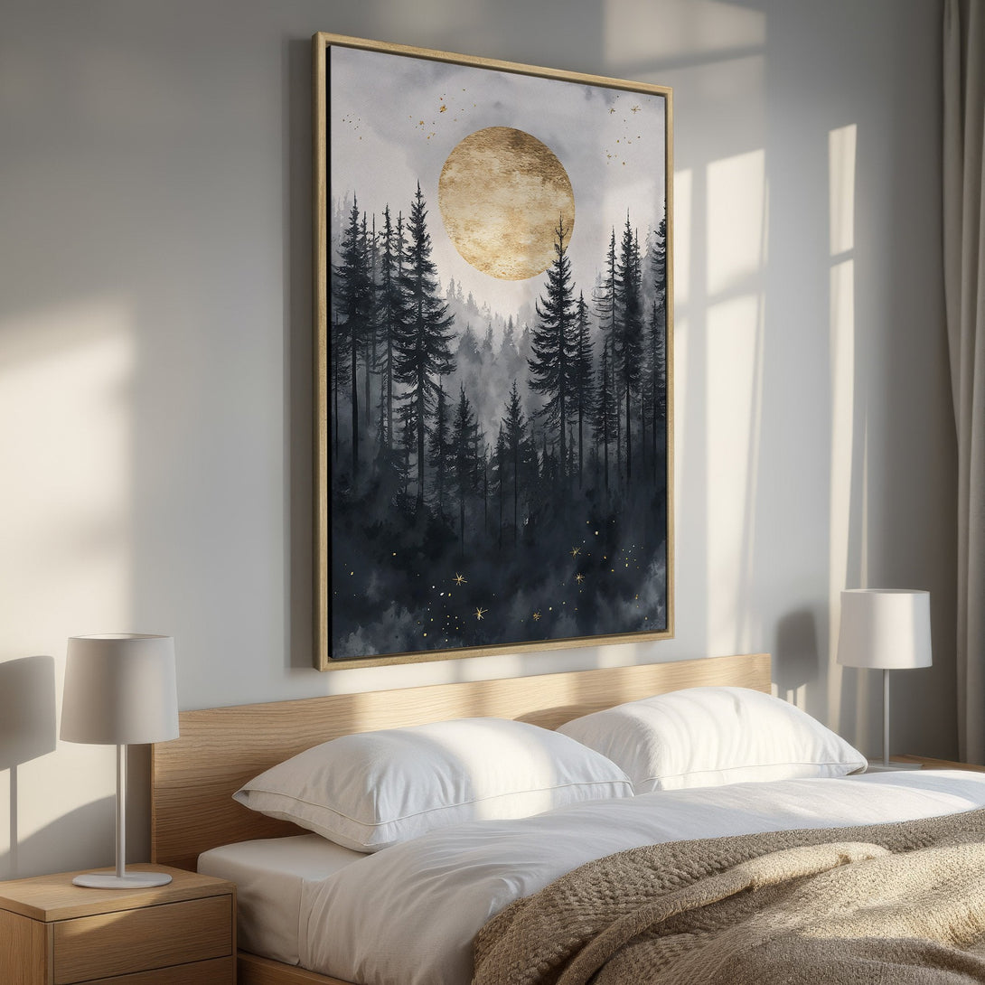 Framed Wall Art featuring a serene forest scene with a golden moon. Modern, minimalist style with a moody, dark blue and gold color palette. Perfect bedroom decor!