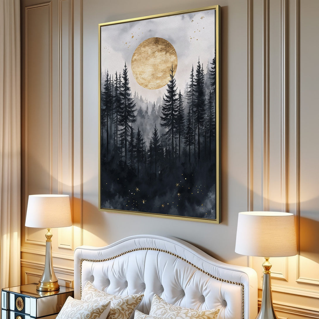 Canvas Print featuring a serene forest scene with a gold moon. Modern style, muted blues, grays, and gold color palette. Perfect for living room decor.