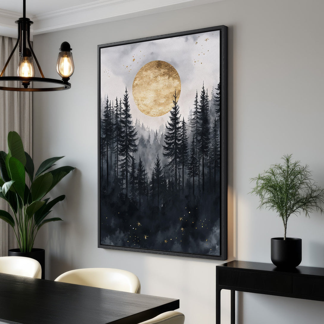 Framed Wall Art: Moody forest scene with a golden moon. Watercolor style, black, gray, and gold color palette. Perfect for modern home decor.