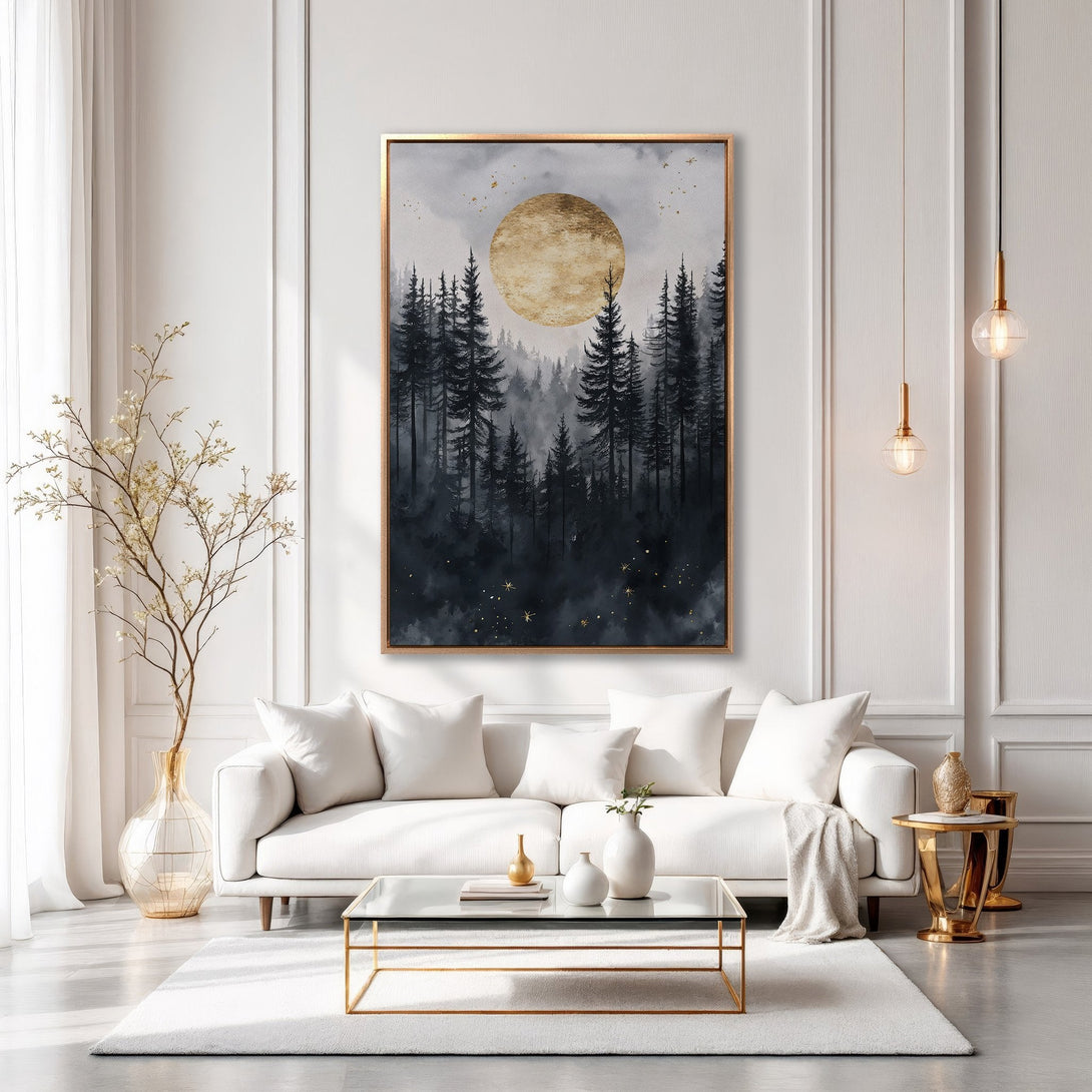 Framed Wall Art: Forest scene with gold moon. Watercolor style, dark blue and gold palette. Modern art for living room decor.