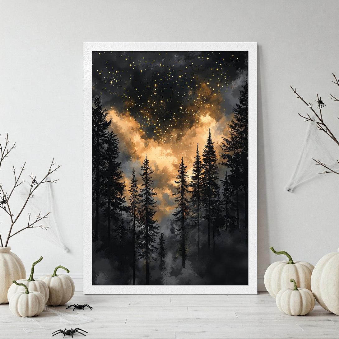 Framed Poster featuring a dark forest scene with a starry sky. Moody art in black, gold, and white. Perfect for Halloween decor.