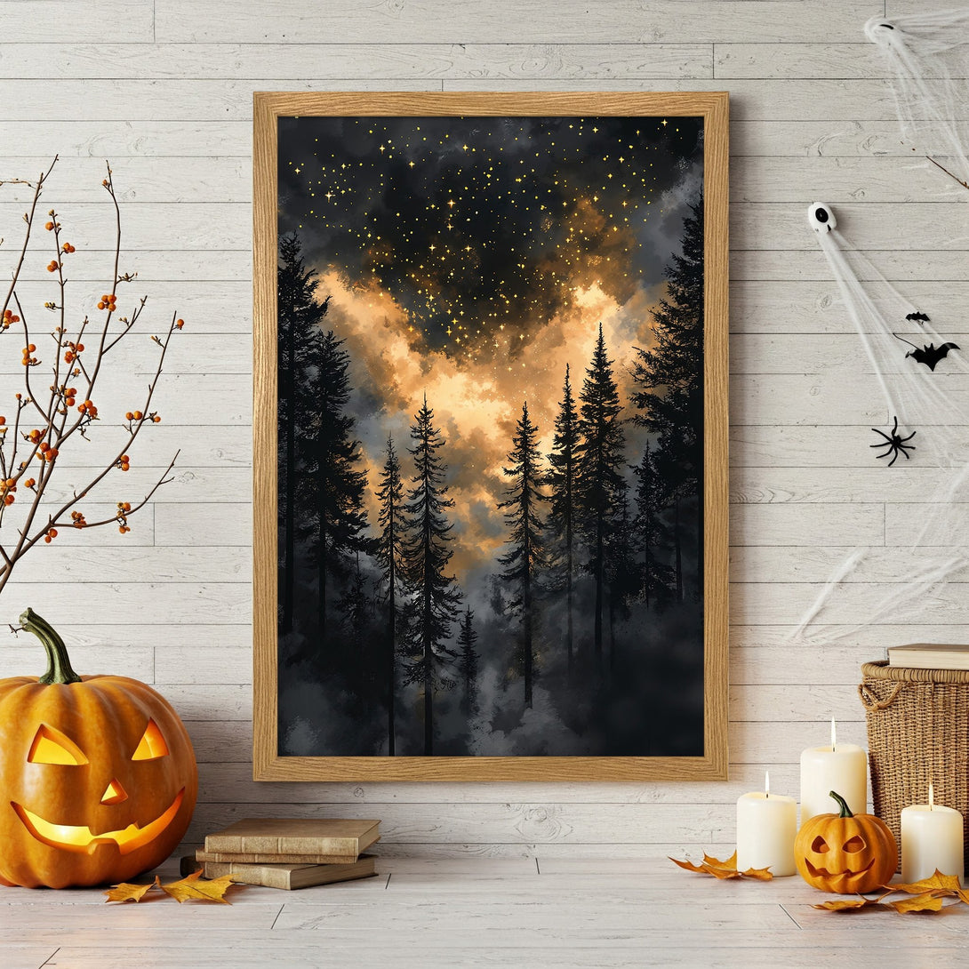Framed Poster featuring a mystical forest scene with a dark, moody style and a warm, golden color palette. Perfect Halloween decor!