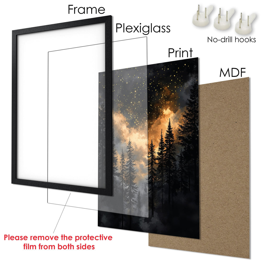 Framed Poster featuring a forest scene with a warm color palette. Perfect for adding a touch of nature to your home!