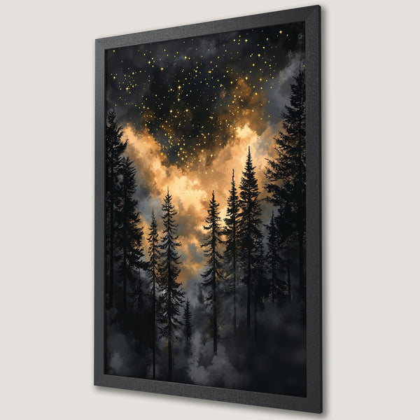 Framed Poster featuring a forest scene with a starry sky, in a dark, moody style with gold and black hues. Perfect wall art!
