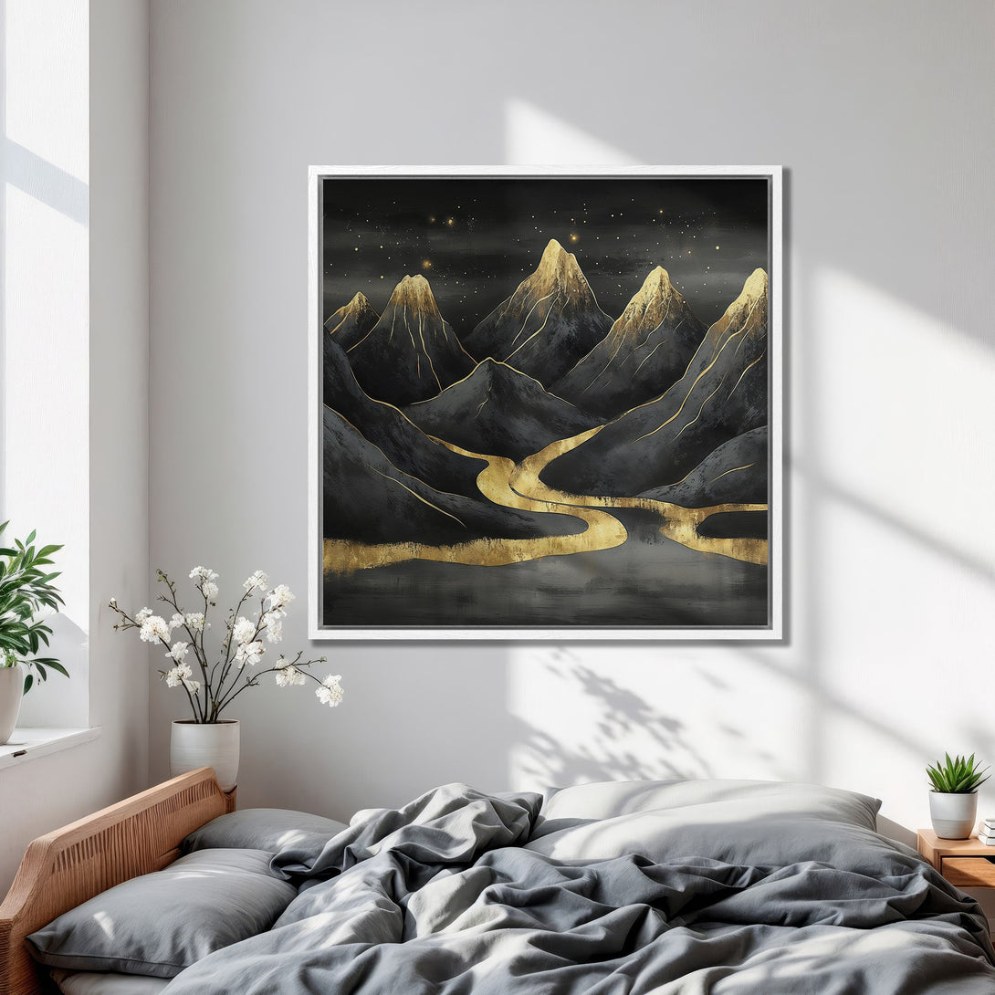 Framed Wall Art featuring a gold and black abstract mountain landscape. Modern art piece with a neutral color palette, perfect for bedroom decor.