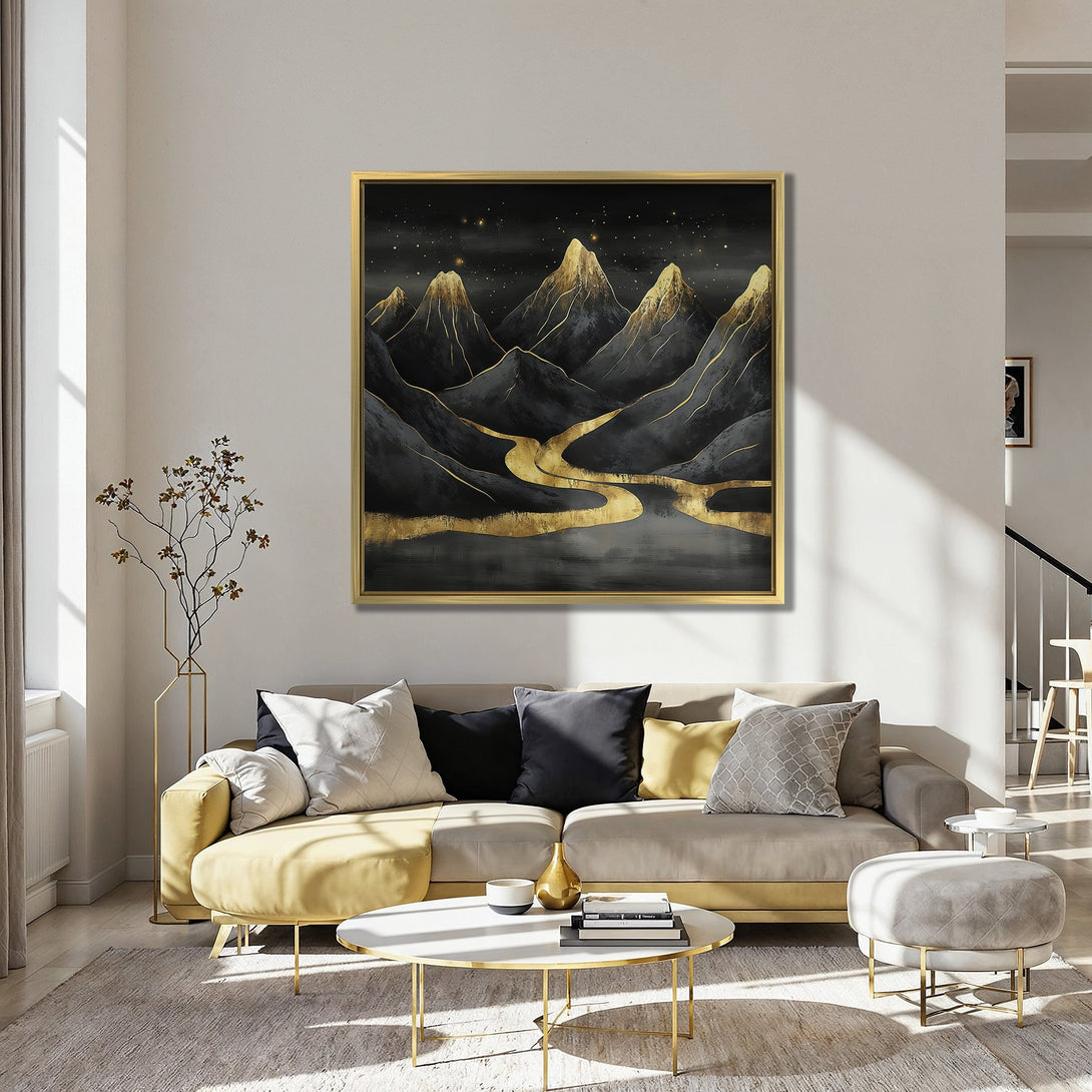 Canvas Print of gold mountain landscape art in a modern living room. Features black, gold, and teal color palette, adding elegance to any space.