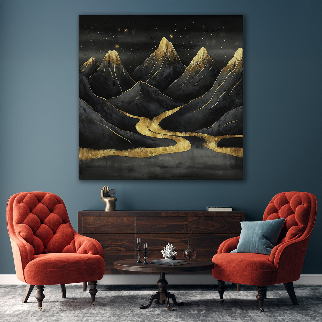 Framed Wall Art: Abstract mountain landscape in gold and black. Modern art print for stylish home decor. Adds a touch of luxury and elegance.