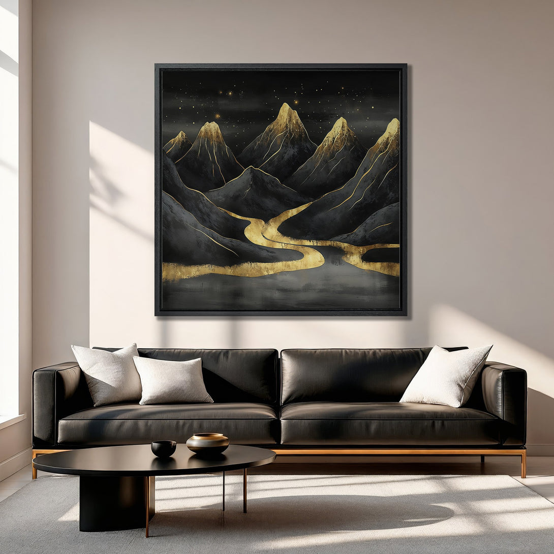 Framed Wall Art featuring abstract gold mountain landscape in a modern interior. Black, gold, and gray color palette. Elevate your space with this stunning artwork!
