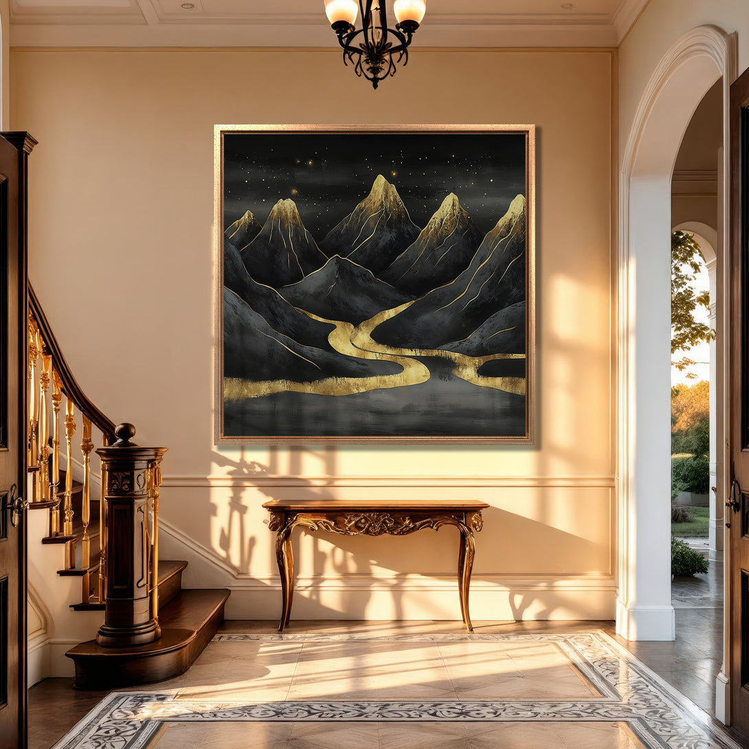 Framed Wall Art: Abstract mountain landscape canvas print in black & gold. Modern art decor with a luxurious, elegant style and neutral color palette.