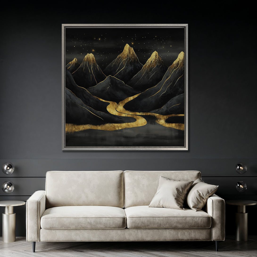 Framed Wall Art: Abstract mountain landscape in black, gold, and gray. Modern art Canvas Print for living room decor.