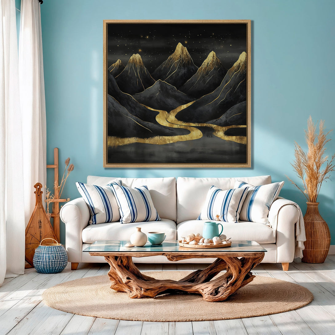 Framed Wall Art: Abstract mountain landscape in black, gold, and gray. Modern Canvas Print adds a touch of luxury to any home decor.