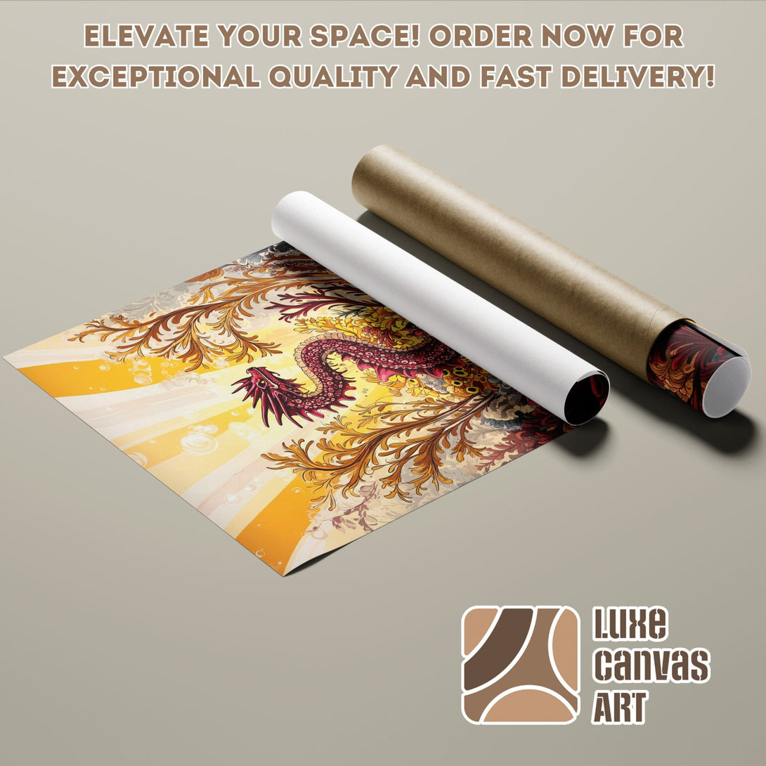 Dragon art Poster Roll in warm yellow, red, and brown tones. Order now!