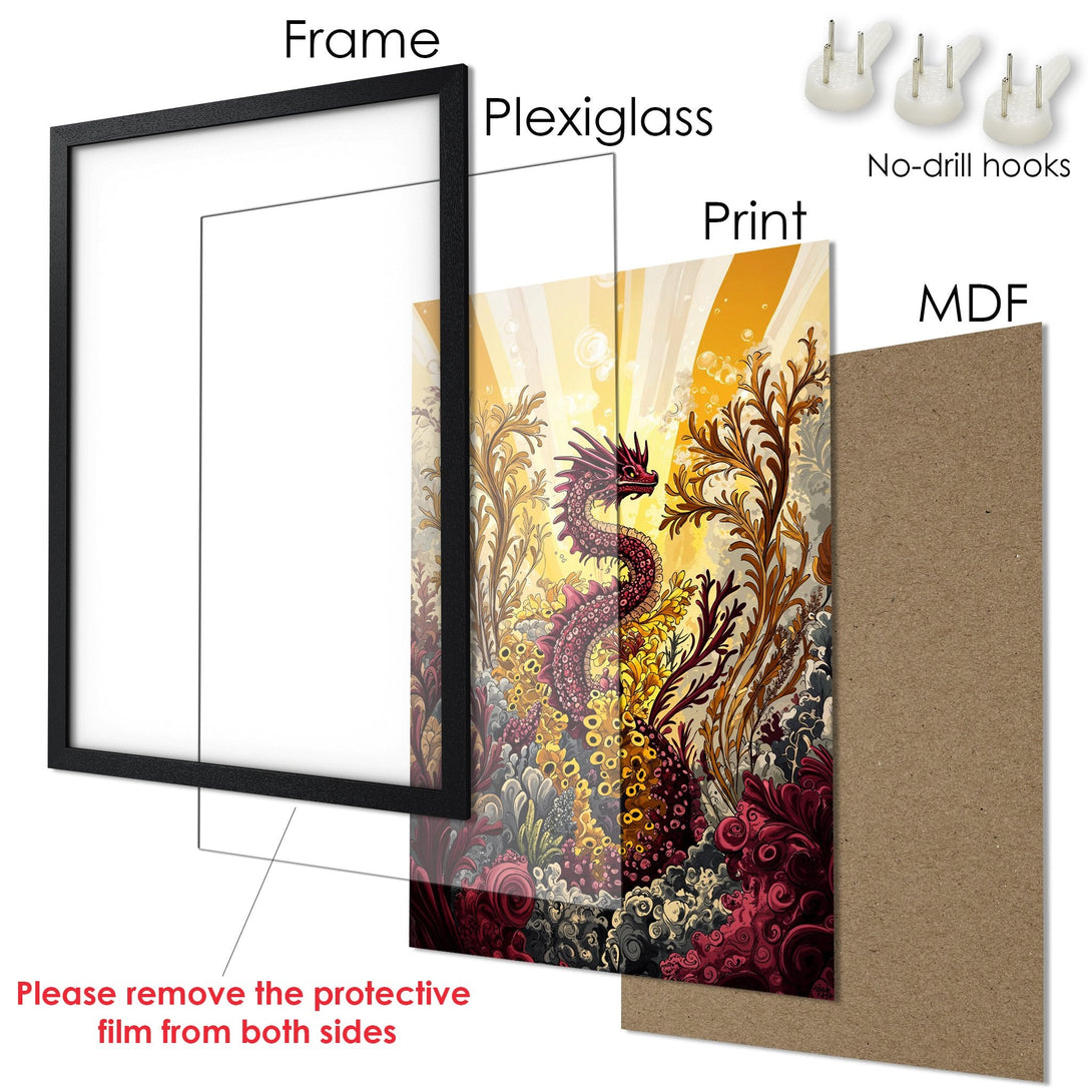 Framed Poster featuring a vibrant dragon illustration in a warm, colorful palette. Perfect art for your home!