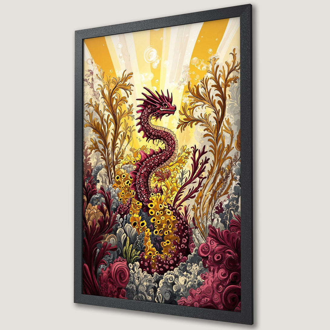 Framed Poster featuring a vibrant dragon illustration in a fantasy style with a warm yellow, red, and brown color palette. Perfect wall art!