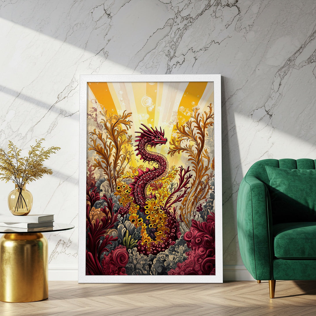 Framed Poster featuring a vibrant dragon illustration in a fantasy style with a warm yellow and red color palette. Perfect wall art!
