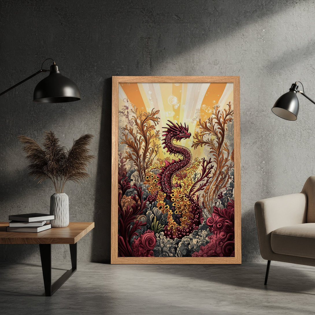 Framed Poster featuring a vibrant dragon illustration in a fantasy style, warm color palette. Perfect wall art for any room!