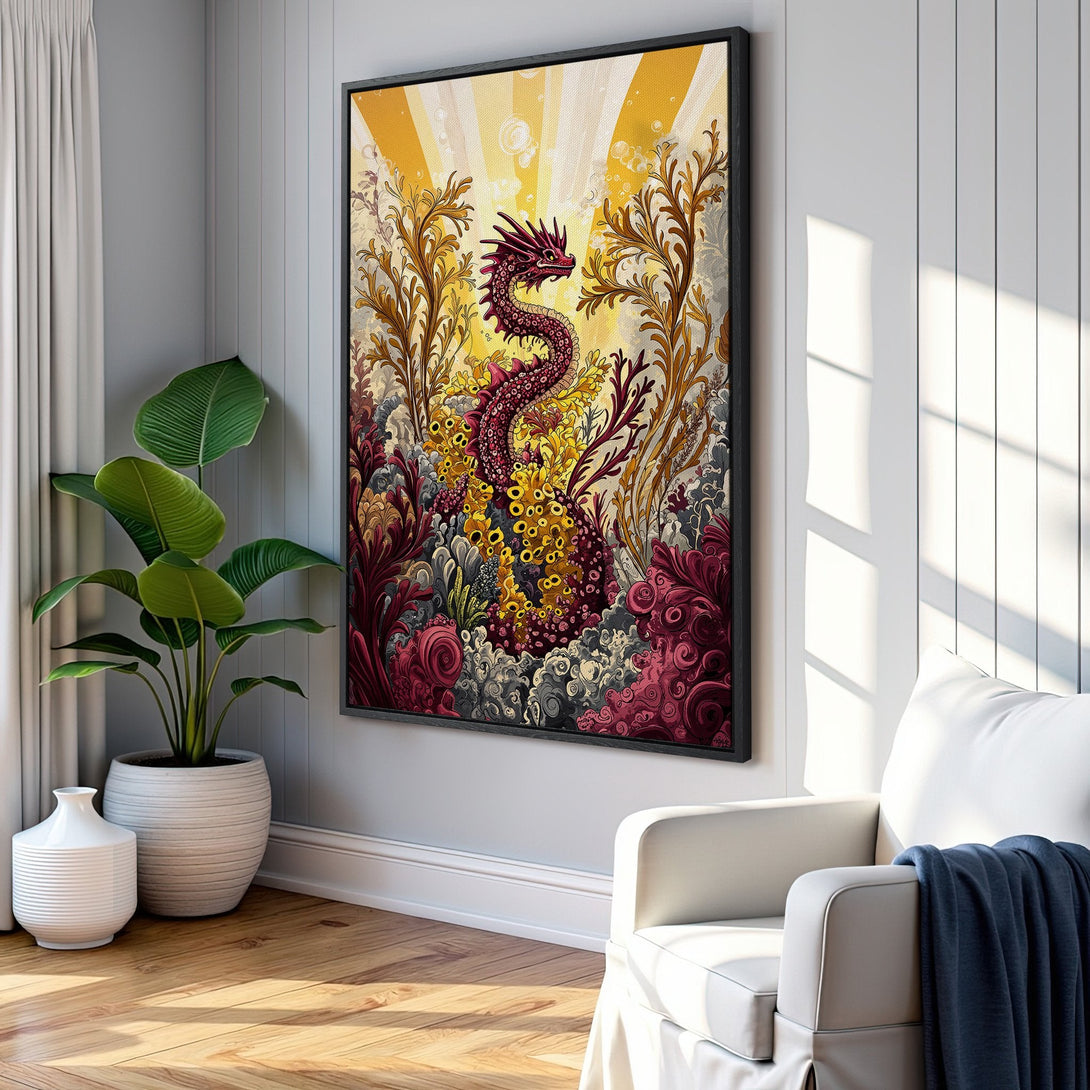 Framed Wall Art featuring a vibrant dragon illustration in a fantasy style, with a rich color palette of reds, yellows, and browns. Perfect for adding a unique touch!
