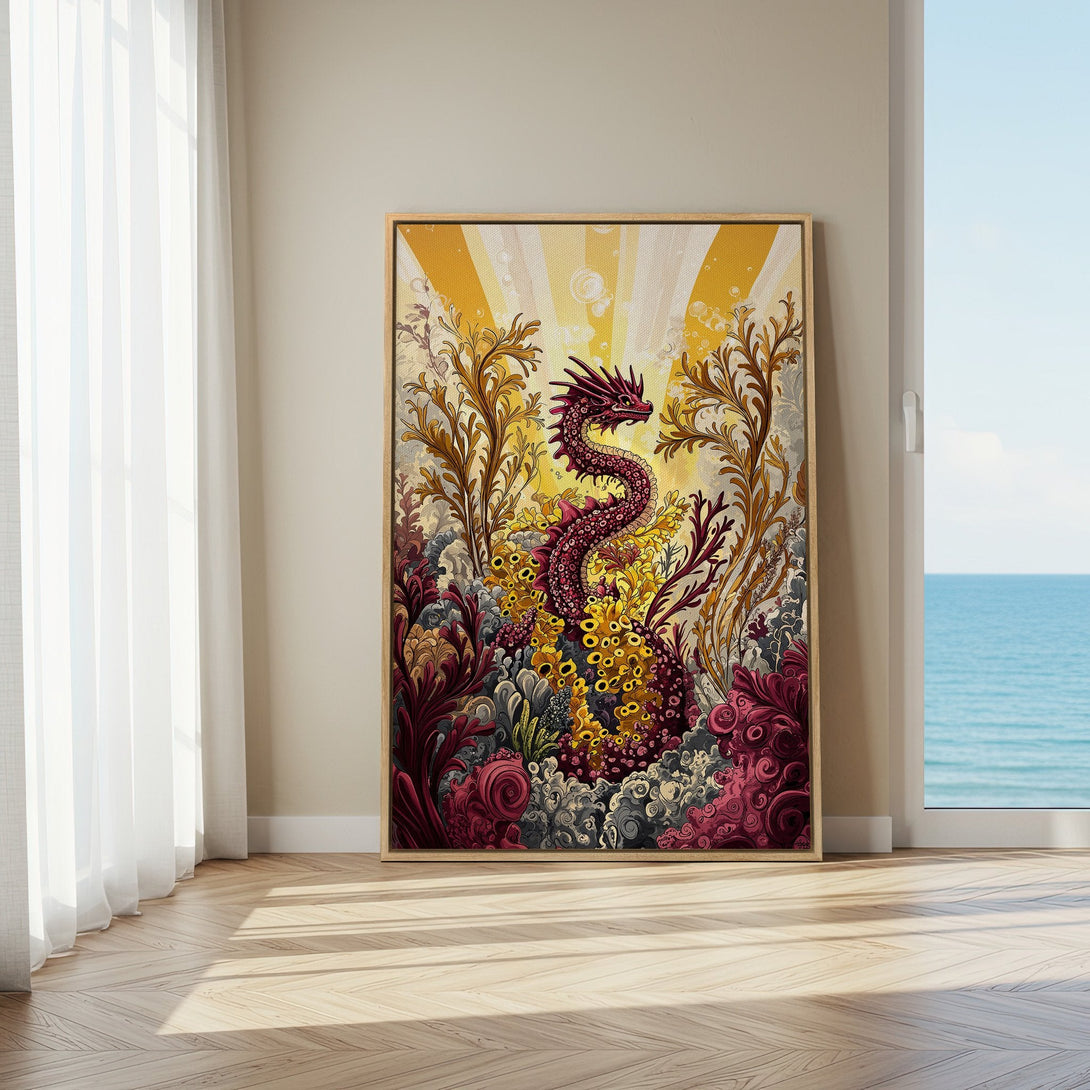 Framed Wall Art featuring a vibrant fantasy dragon illustration in a whimsical style, with a warm yellow and red color palette. Perfect for home decor.