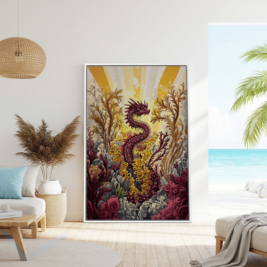 Framed Wall Art: Whimsical dragon illustration in a vibrant, warm color palette. Perfect for adding a touch of fantasy to your home decor.