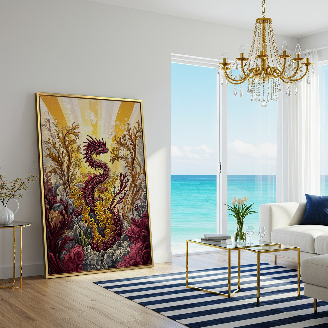 Canvas Print featuring a vibrant dragon art print in a colorful, fantasy style. Adds a pop of color to any living room!