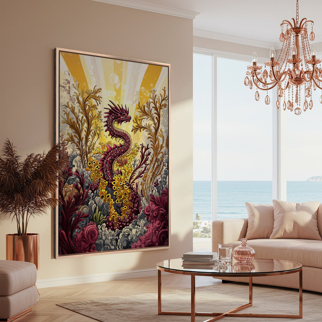 Framed Wall Art: Dragon art print with a fantasy style, featuring a vibrant color palette of yellow, red, and purple. Perfect for adding a touch of whimsy!