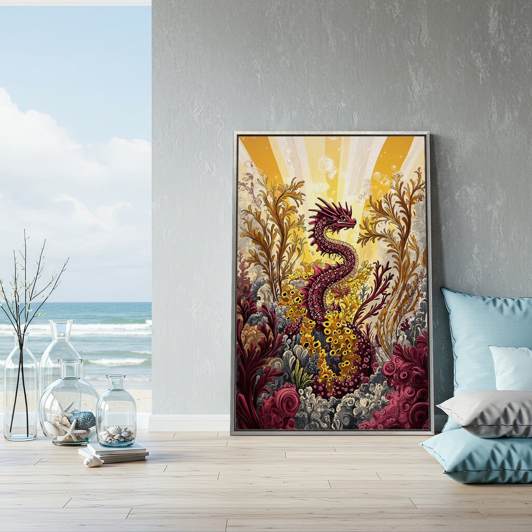 Framed Wall Art featuring a vibrant dragon illustration in a whimsical style with a warm yellow, red, and gold color palette. Perfect for adding a unique touch!