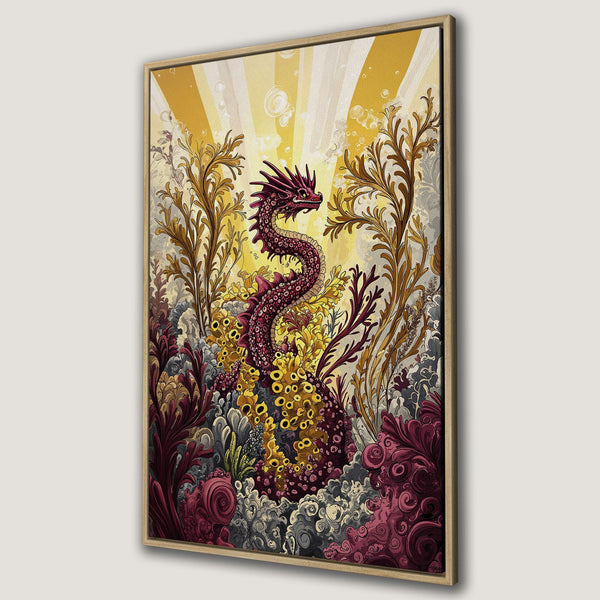 Framed Wall Art featuring a whimsical dragon in a vibrant, fantasy-style scene with a warm, yellow and purple color palette. Perfect for adding a touch of magic!