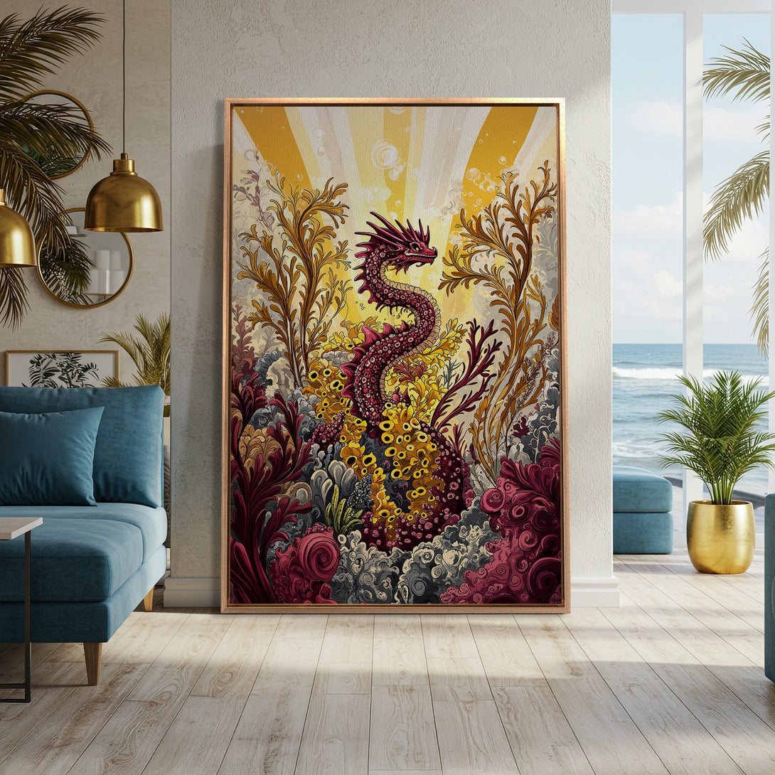 Framed Wall Art: Dragon illustration in vibrant red, yellow, and gold tones. Adds a touch of fantasy and color to any space. Perfect home decor accent.