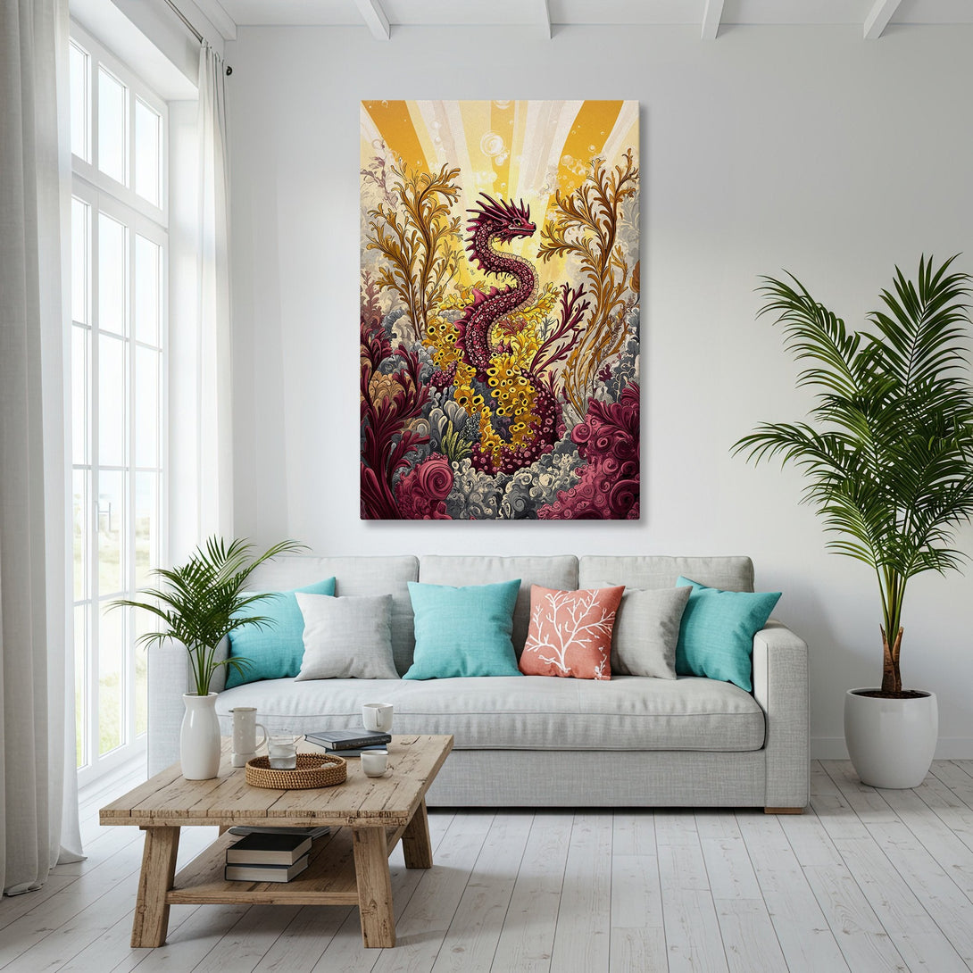 Framed Wall Art featuring a vibrant dragon in an underwater scene, with a warm color palette. Perfect for adding a touch of fantasy to your home decor.