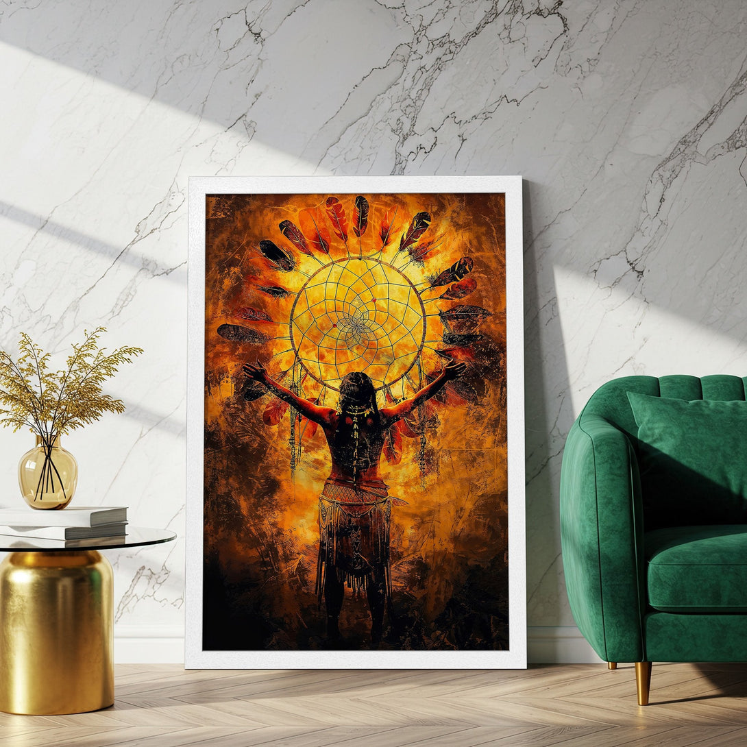 Framed Poster featuring a Native American theme with warm orange and brown tones. Stunning art for your home!