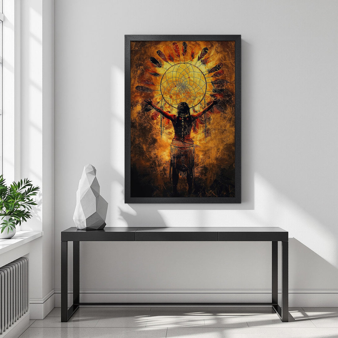 Framed Poster featuring Native American figure with dreamcatcher, warm color palette, perfect wall art for your home decor.