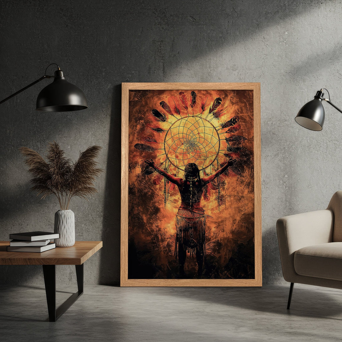 Framed Poster featuring Native American art. Warm orange and brown color palette. Perfect wall decor for a bohemian style.