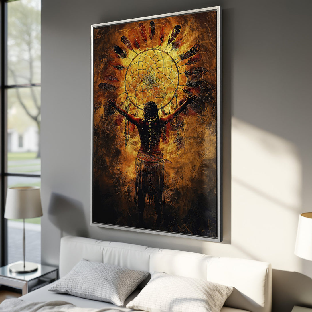 Framed Wall Art: Dreamcatcher canvas print in warm, earthy tones. Features a Native American figure with arms raised. Perfect for bohemian decor.