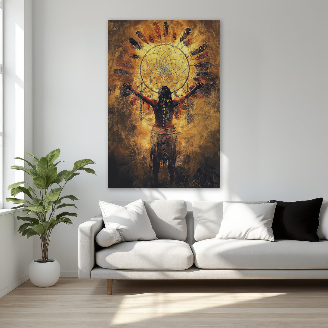 Framed Wall Art: Dreamcatcher canvas print with Native American figure, warm gold and brown tones, perfect for boho decor and bedroom art.